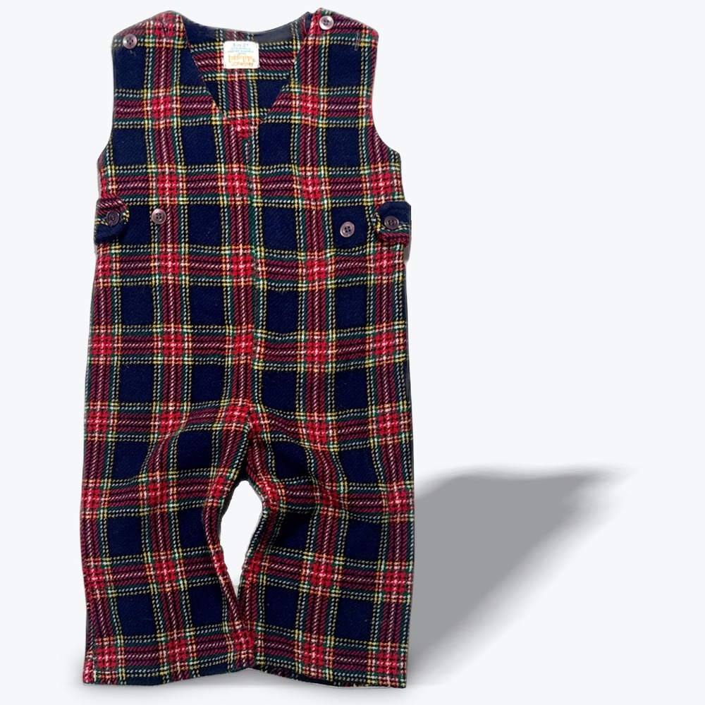 Vintage Toddletime JCPenney Overalls 1970s Plaid Knit Red Navy Green Size 2T